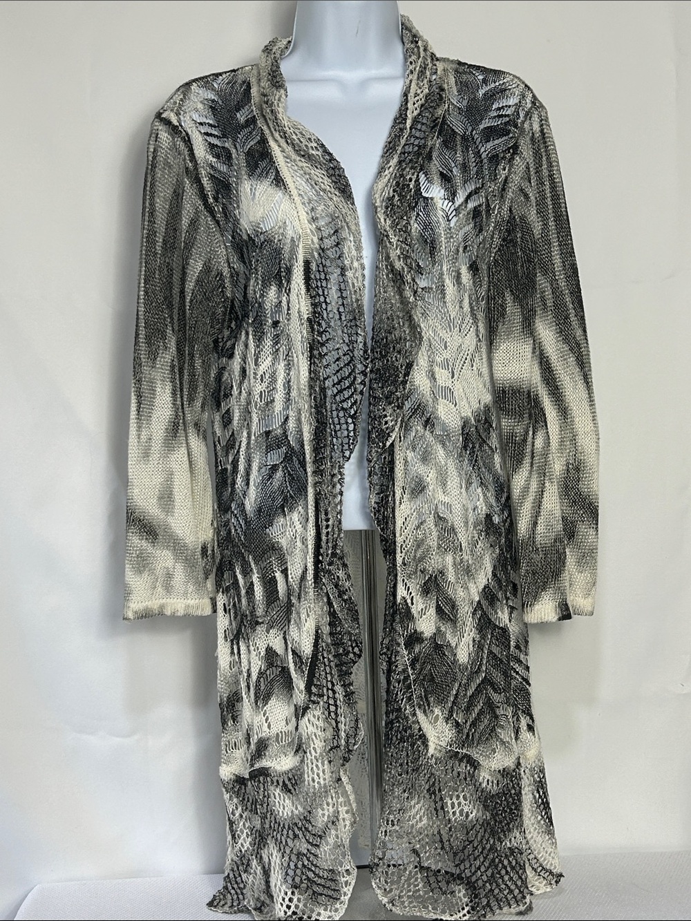 Alberto Makali Women’s Size Large Black White Long Open Front Mesh Cover Top